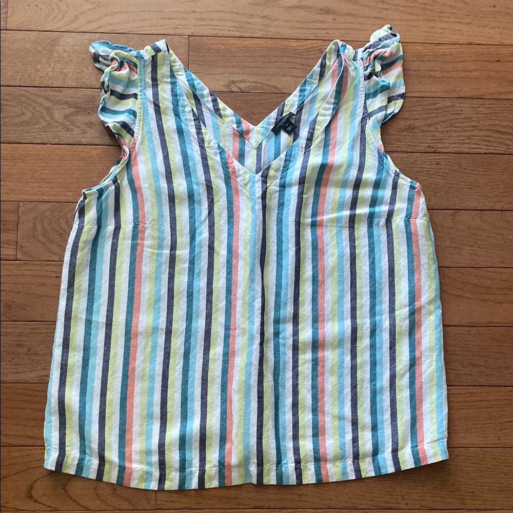 Anne Taylor Blue Ruffled Sleeveless V-neck Striped Linen Blouse